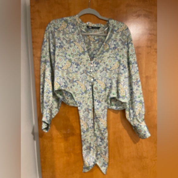 Zara L/S Paisley Tie Front Crop Top 100% Poly - Picture 4 of 7